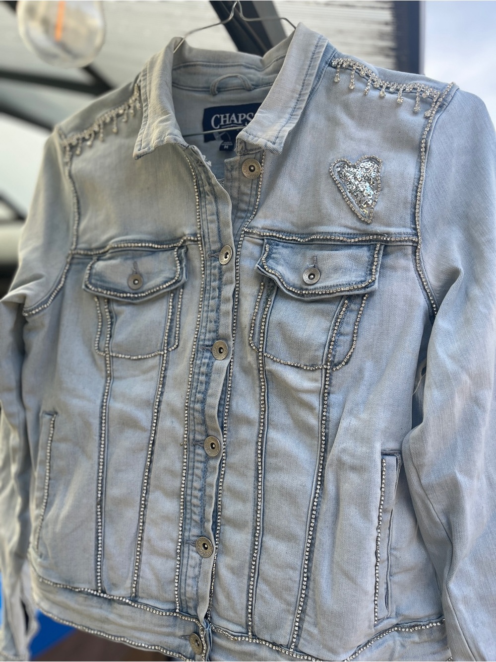 Chaps Light Blue Denim Jacket with Sequin Heart & Beaded Trim